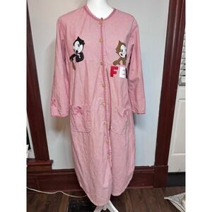 Vintage Felix the Cat Striped House Coat Red White Button Front Robe L Large